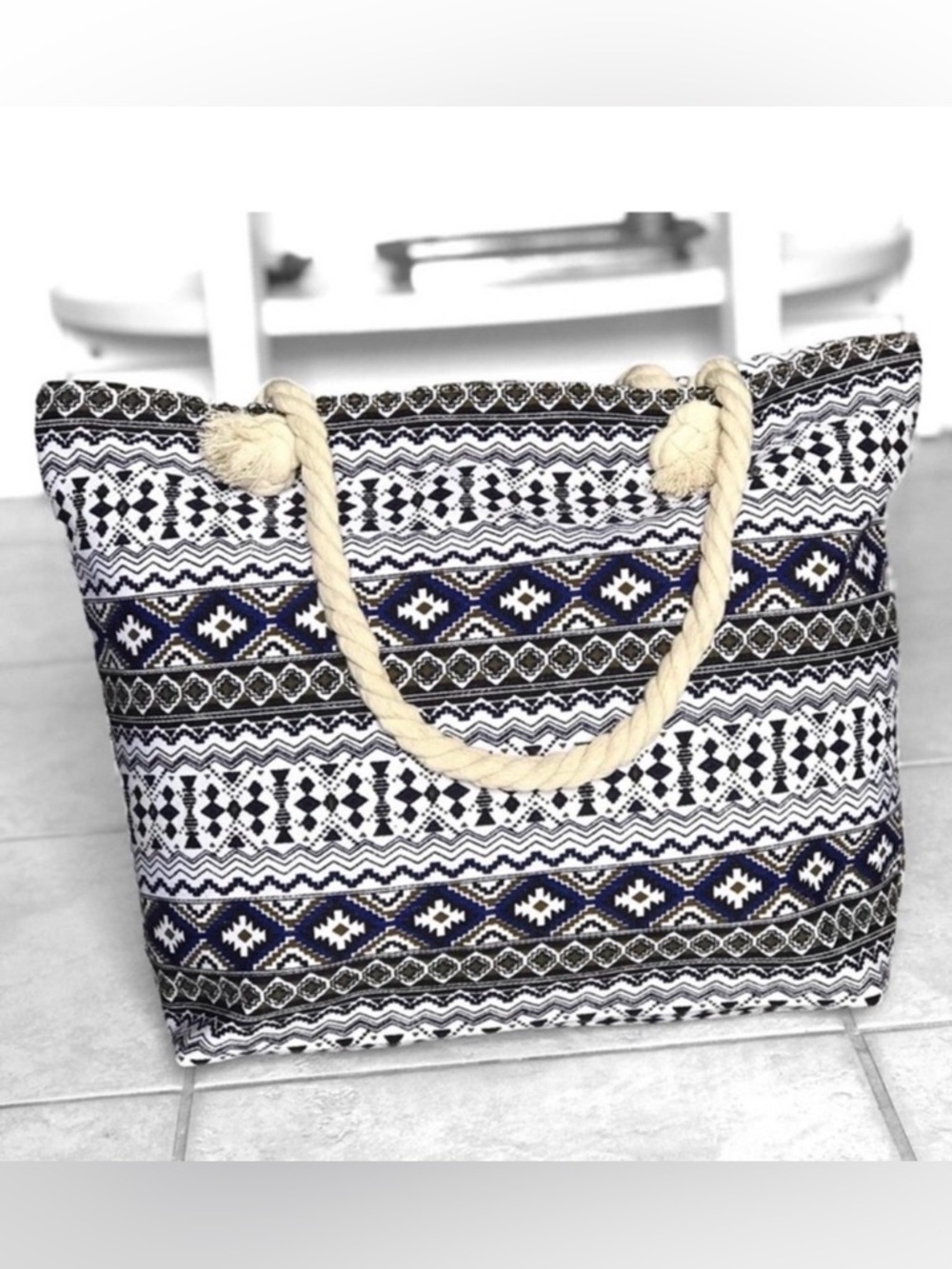 New Aztec Neutral Canvas Women's Summer Beach Medium Size Tote Bag